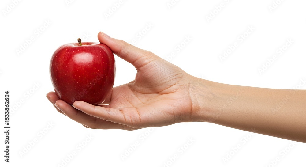 A hand holds a red apple against a white background A hand holds a red apple against a white background