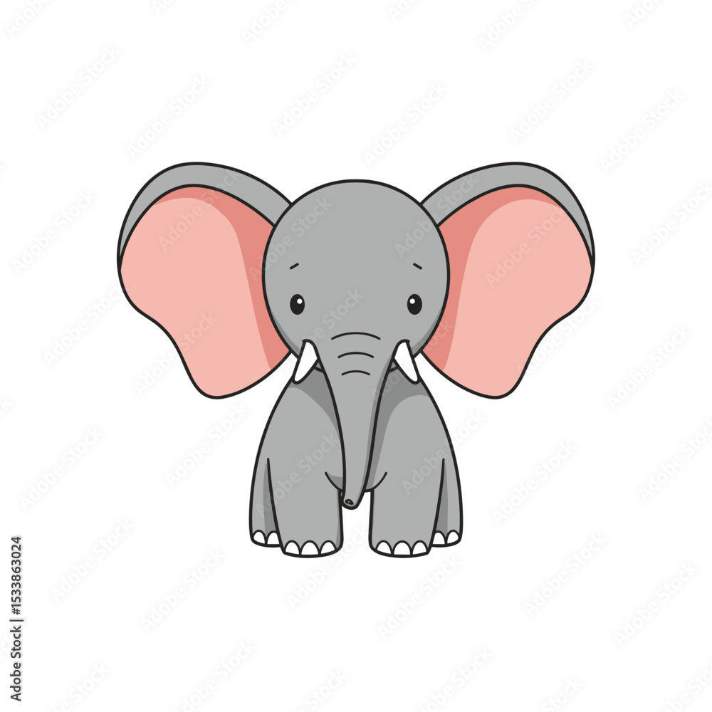 Fototapeta premium Cute cartoon elephant with large ears, standing against a plain white background