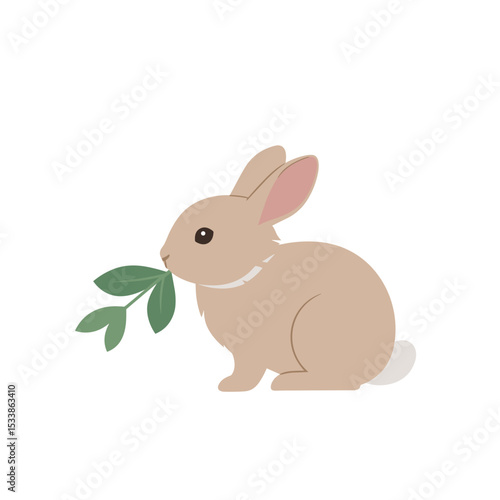 Cute rabbit nibbling on a green leaf in a minimalist white background setting