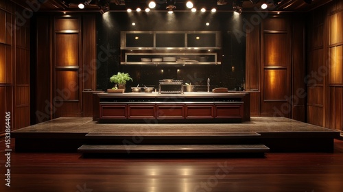 Elegant, dark wood kitchen set on a stage with spotlights.