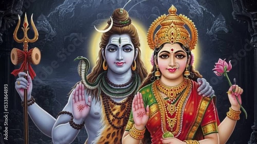 Lord Shiva and Goddess Parvati digital painting, in a traditional Indian style,  with vibrant colors and intricate details. Lord Shiva is depicted with a serene expression, wearing a blue dhoti and