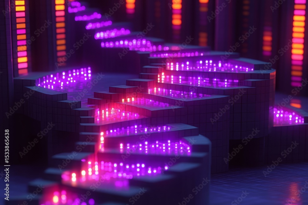 Obraz premium A sci-fi interior featuring a staircase of glowing purple and pink LED lights, arranged in a digital grid-like architectural space