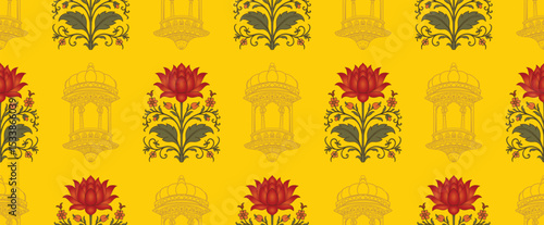 Mughal seamless pattern with red lotus flowers and mughal jharokha on yellow background, traditional motifs for textile print deisgn, gift wrapping, cover, ceramic tils vector design