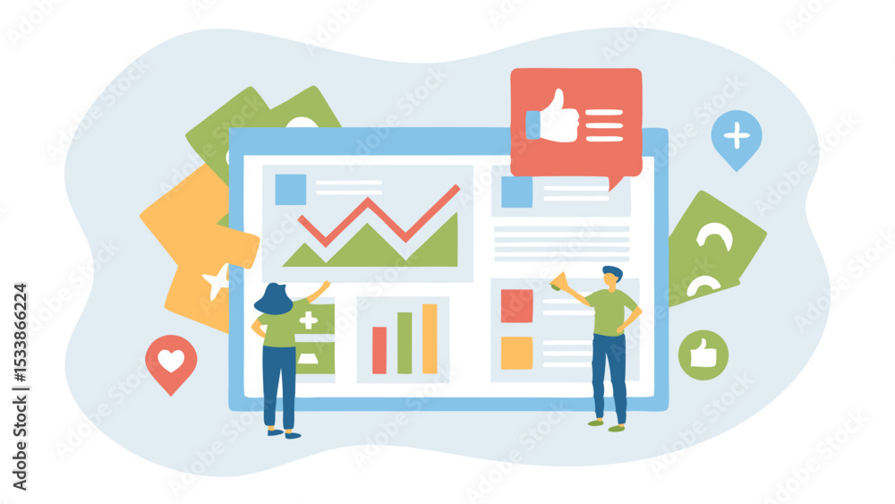 Naklejka premium Illustration of two people analyzing data on a large screen with social media elements around it