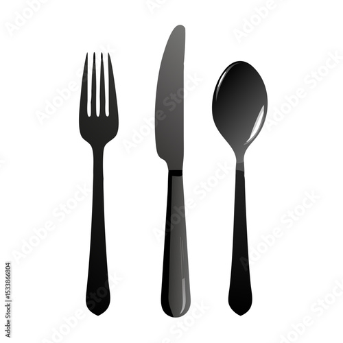 Vector illustration of a set of silverware including spoon, fork, and knife, isolated on white background