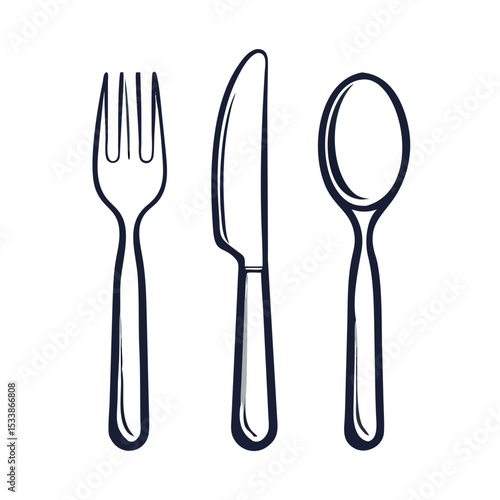 Vector illustration of a set of silverware including spoon, fork, and knife, isolated on white background