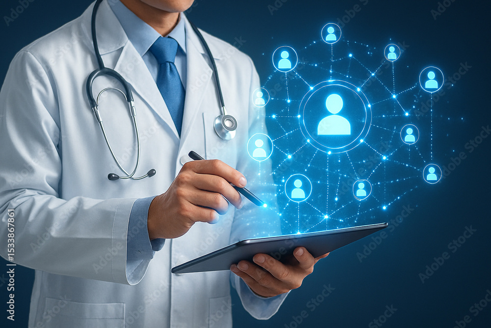 Doctor using tablet for telehealth and telemedicine healthcare network connectivity system Doctor using tablet for telehealth and telemedicine healthcare network connectivity system