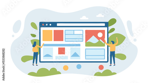 People interacting with a large screen displaying a website layout with various elements present