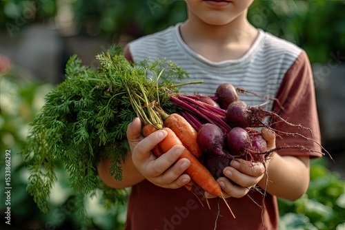 A little boy holds the harvest of carrots and beets in his hands