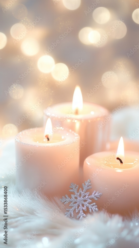Winter holiday scene on glowing white candles resting featuring plush fur, silver snowflake ornament, soft blurred background lights Winter holiday scene on glowing white candles resting featuring plush fur, silver snowflake ornament, soft blurred background lights