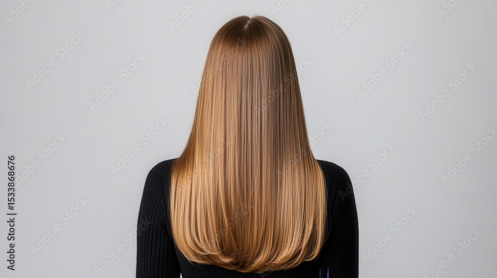Naklejka premium Studio shot of a hair, woman with long brown in seen from behind, with a green plant young the foreground