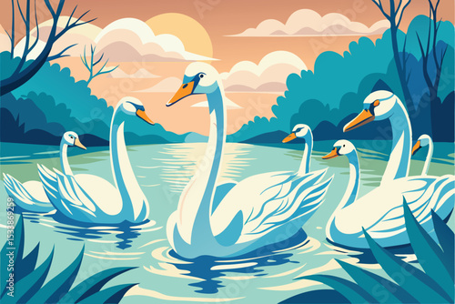 Graceful white swans and pink flamingos swim in the blue lake and sea, reflecting beautiful wildlife