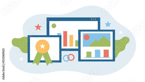 Illustration of awards, charts, and data visualization on a light blue background design element