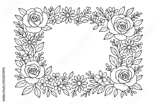 A delicate vector frame of flowers drawn in black and white creates a graceful, stylish border for wedding invitations or romantic stationery.

