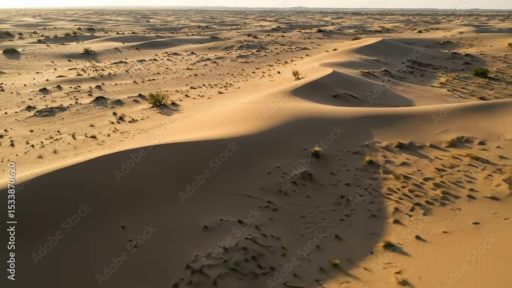 Aerial view of arid desert landscape with sand dunes and vegetation during golden hour Aerial view of arid desert landscape with sand dunes and vegetation during golden hour