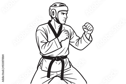 A taekwondo athlete is drawn in black and white, his powerful pose outlined strongly to reflect speed, power, and traditional martial arts form.