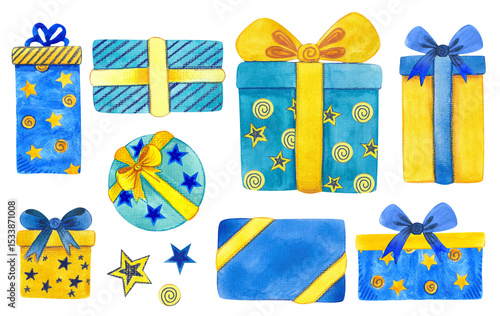 Watercolor holiday gift boxes. Hand drawn bright illustrations isolated on white background. Congratulatory Presents for decoration children's illustration, printing, textiles
