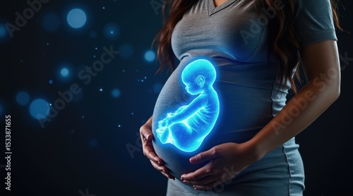 A pregnant woman holds her belly with a glowing digital fetus illustration inside, symbolizing prenatal care and pregnancy.