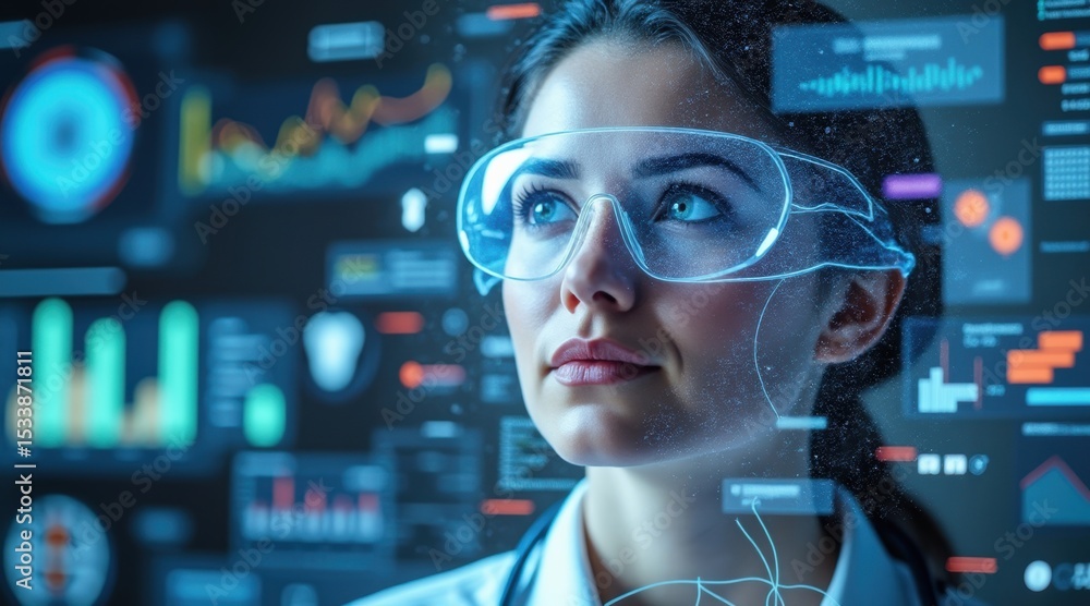 A focused woman wearing smart glasses interacts with futuristic digital data and holograms in a high-tech environment. A focused woman wearing smart glasses interacts with futuristic digital data and holograms in a high-tech environment.