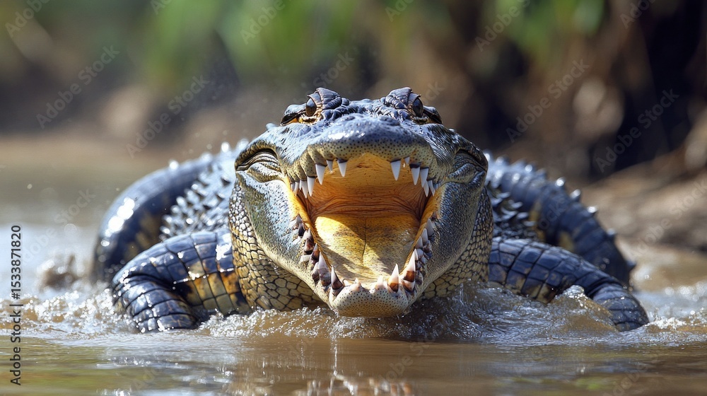 Obraz premium Close-up of a crocodile with its mouth open, showingcasing its sharp teeth and rugged skin. Suitable for wildlife articles and reptile education materials.