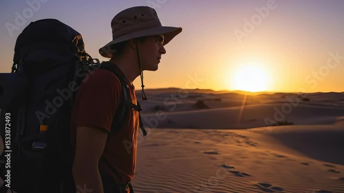 Young man with backpack walking through desert landscape at sunrise or sunset time