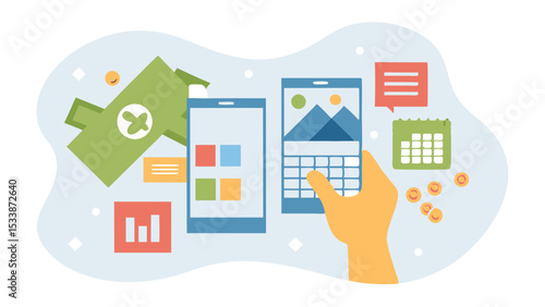 Illustration of mobile app interface design with money calendar and chart elements displayed nicely