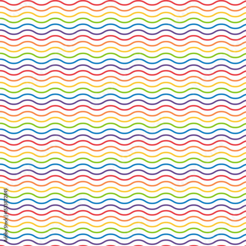 Seamless pattern with colorful waves.Pride month symbol background.Rainbow repeat pattern isolated on white background.Colorful vector background.