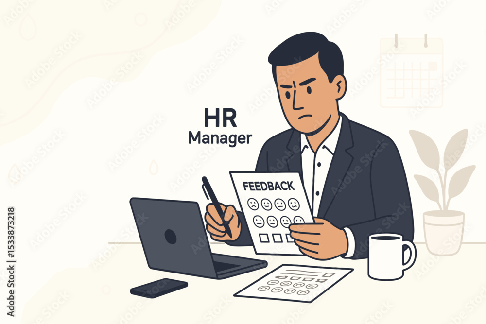 HR manager analyzing employee feedback documents in modern office setup, clean white space for communication material HR manager analyzing employee feedback documents in modern office setup, clean white space for communication material