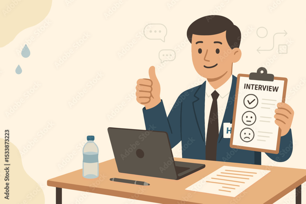 HR manager giving approval after successful interview session with documents and laptop, modern flat vector layout HR manager giving approval after successful interview session with documents and laptop, modern flat vector layout