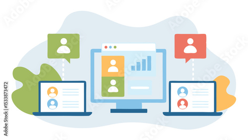 Online meeting setup with computers and monitor showing video conference and bar graph analysis view