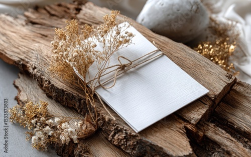 Elegant white card tied with twine on rustic wood slices.
