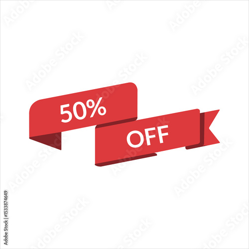 50% OFF red ribbon discount label vector on white background