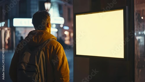 Young man staring at blank illuminated sign in urban environment at night