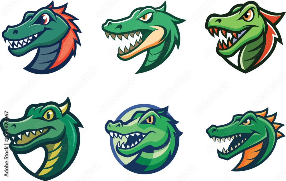 Obraz premium Six vibrant crocodile mascot designs perfect for team logos branding and sports identity creation featuring various styles and colors