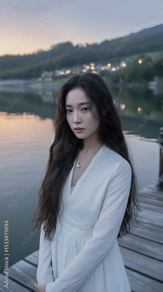 Elegant Woman in White Dress by Serene Lake at Dusk AI generated Elegant Woman in White Dress by Serene Lake at Dusk AI generated