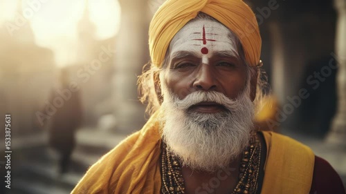 Indian Sadhu in Traditional Attire with Forehead Markings at Temple