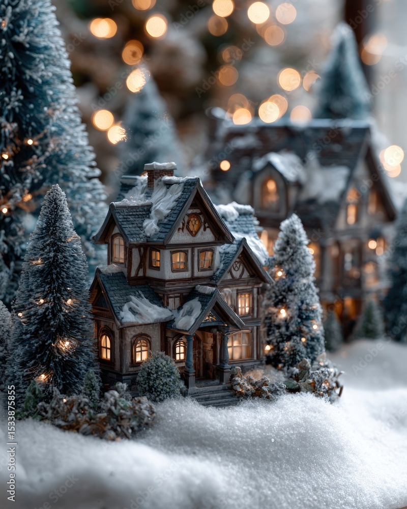 Fototapeta premium Miniature christmas village scene with snow-covered houses and trees.