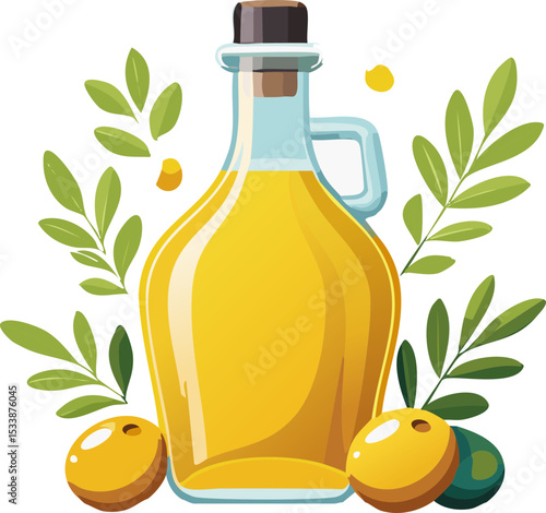 bouteilles d'huile d'olive avec des olives et des feuilles