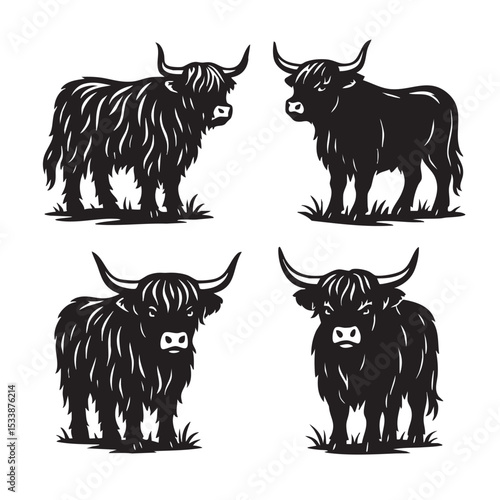 Set of four black silhouette illustrations of Highland cows in various poses. Bold horned cattle with shaggy hair, perfect for logos, prints, or farm decor.