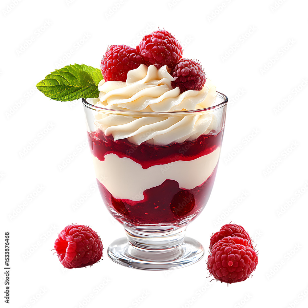 Elegant Glass Dessert Cup Filled with Whipped Cream and Raspberry Layers Topped with Fresh Berries Elegant Glass Dessert Cup Filled with Whipped Cream and Raspberry Layers Topped with Fresh Berries