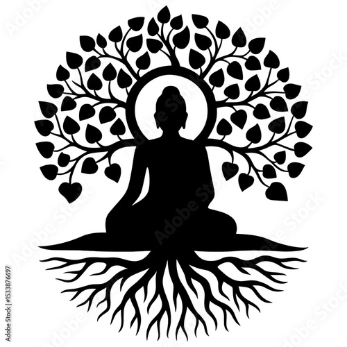Detailed Black Silhouette Buddha Under Bodhi Tree Spiritual Illustration