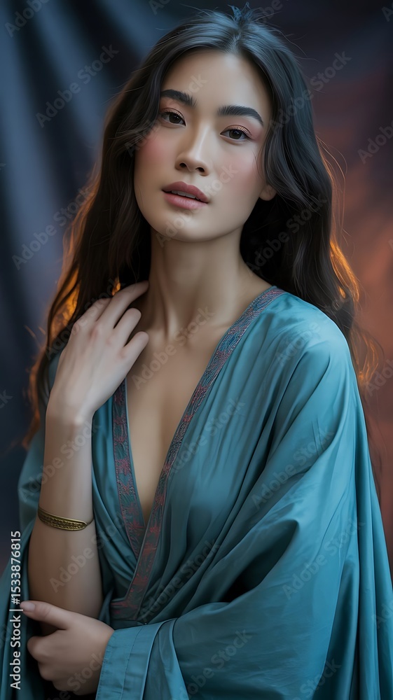 Fototapeta premium Elegant Woman in Teal Gown: A Portrait of Grace and Beauty AI generated