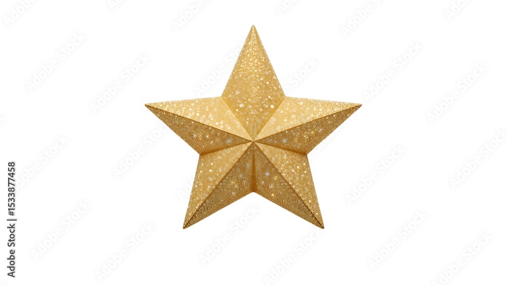 Isolated gold star ornament with glitter detail against a plain white background in a close up shot Isolated gold star ornament with glitter detail against a plain white background in a close up shot
