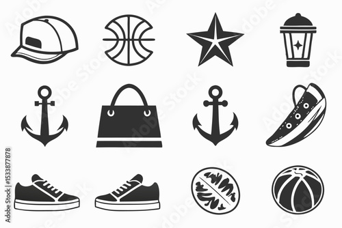 Collection of vector icons featuring basketball anchor star sneakers and other lifestyle symbols