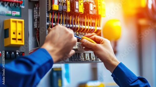 Electrician Working on Control Panel with Tools and Wiring