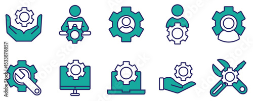 Information technology manager thin line icon set. Containing specialist, expert, professional, service, technician, work, engineer, workshop, installer, employee, project. Vector illustration