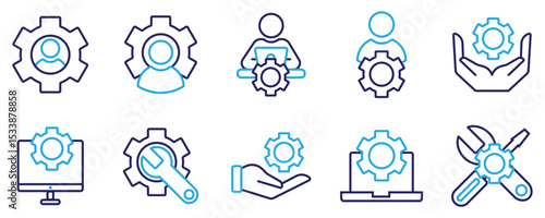 Information technology manager thin line icon set. Containing specialist, expert, professional, service, technician, work, engineer, workshop, installer, employee, project. Vector illustration