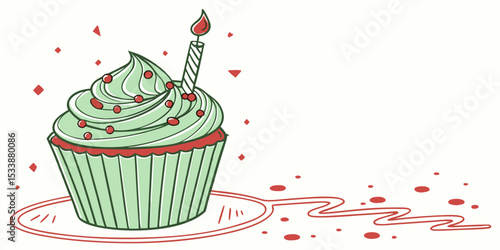 Green cupcake with red sprinkles and lit candle on a white background  vector illustration
