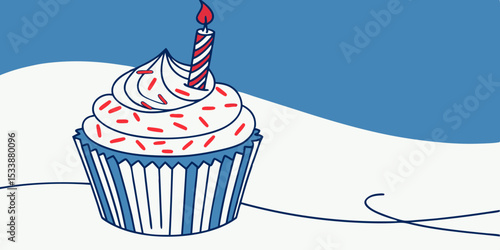 Blue cupcake with red sprinkles and lit candle on a blue background  vector illustration
