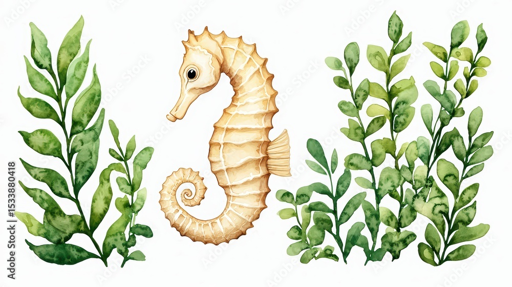 Fototapeta premium Watercolor Seahorse Surrounded by Green Aquatic Plants in a Creative Illustration